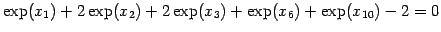 $ \exp(x_1) + 2\exp(x_2) + 2\exp(x_3) + \exp(x_6) + \exp(x_{10}) - 2 = 0$